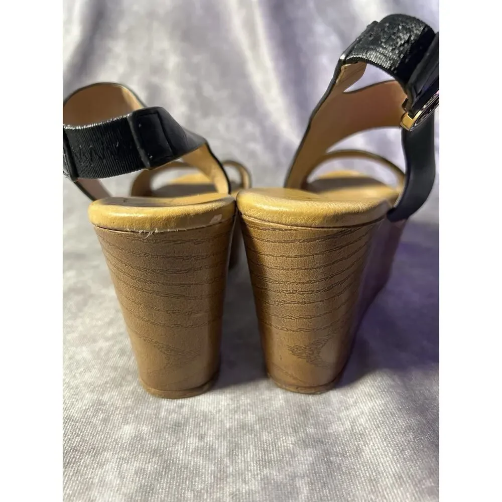 ALDO Women's Black Platform Wedge Sandals Size 8 / 8.5 Faux Wood Heel